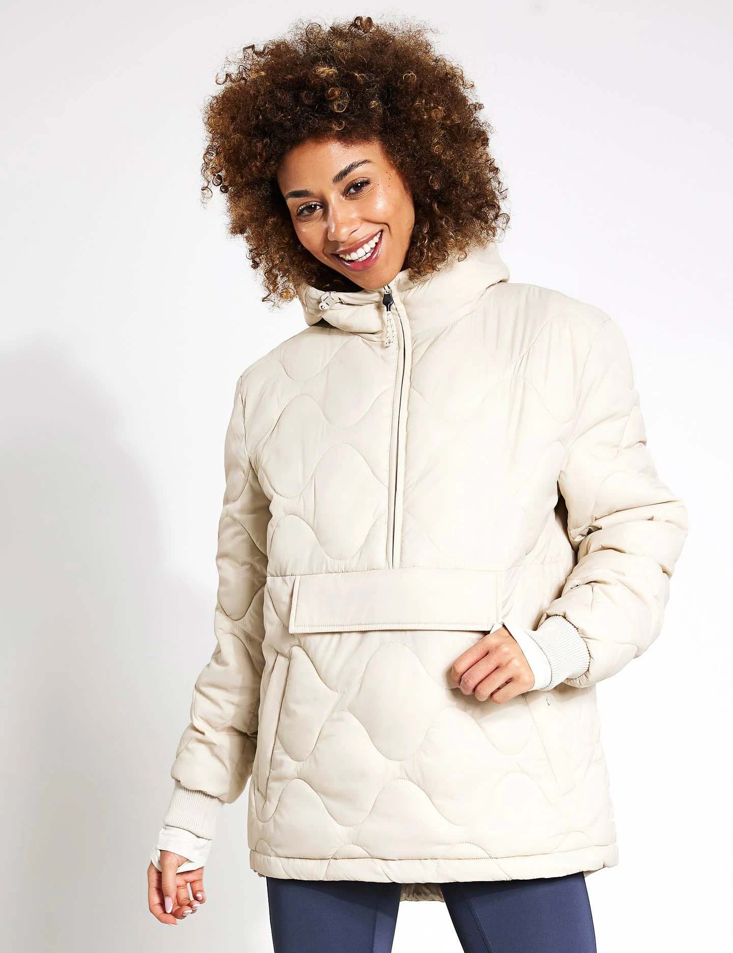 Quilted Half Zip Hooded Puffer Jacket - Beige 3 Quilted Half Zip Hooded Puffer Jacket - Beige
