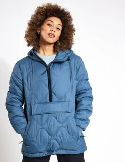 Quilted Half Zip Hooded Puffer Jacket - Dark Airforce