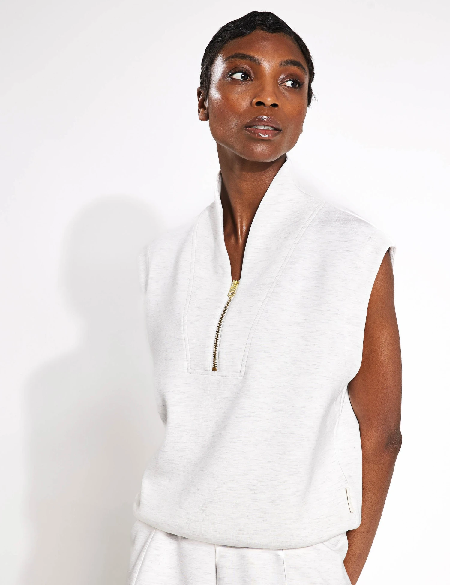 Varley Loretta Half-Zip Sleeveless Sweat - Ivory Marl 3 Varley Loretta Half-Zip Sleeveless Sweat - Ivory Marl