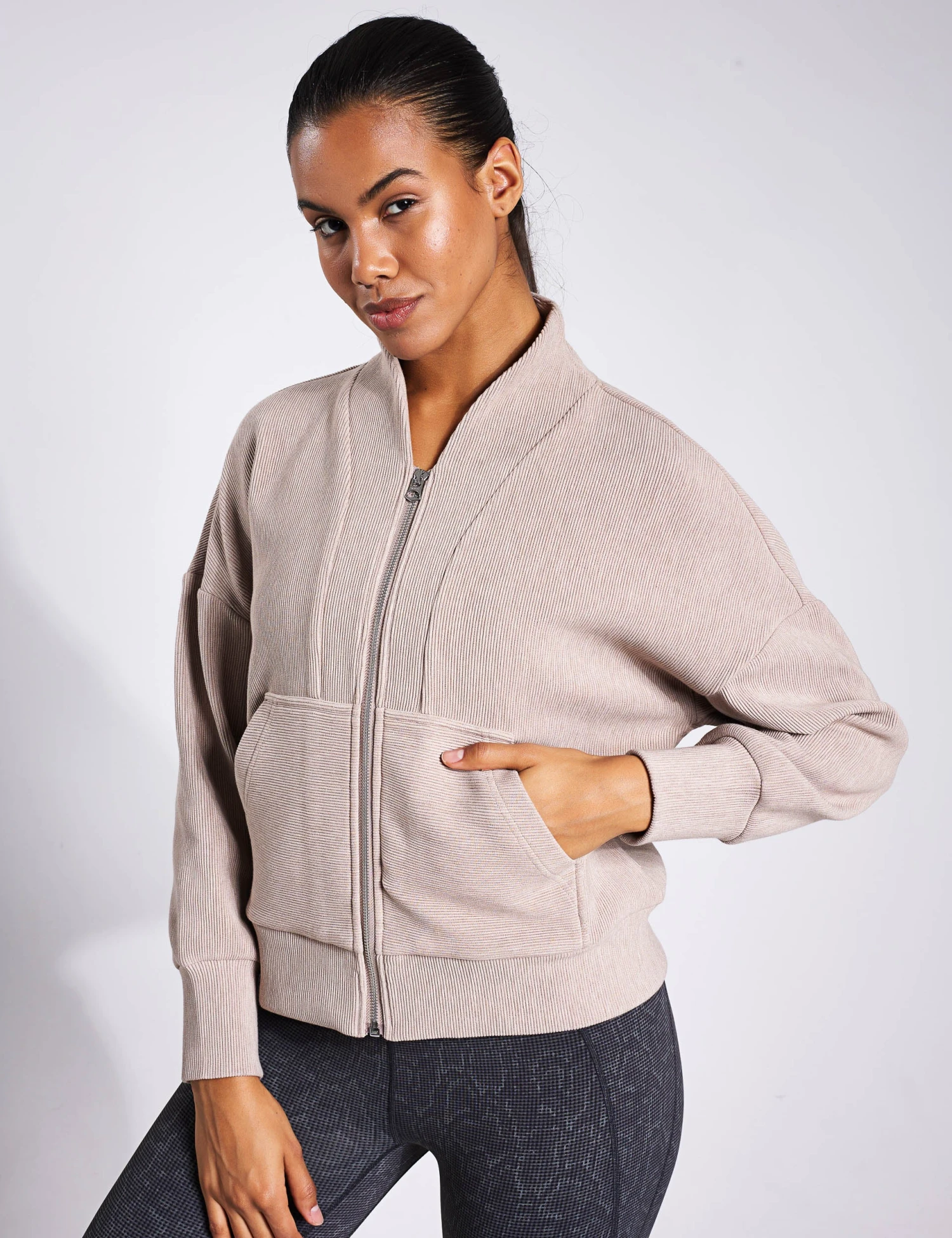 Varley Rosanne Zip Through Sweat - Taupe Marl 3 Varley Rosanne Zip Through Sweat - Taupe Marl