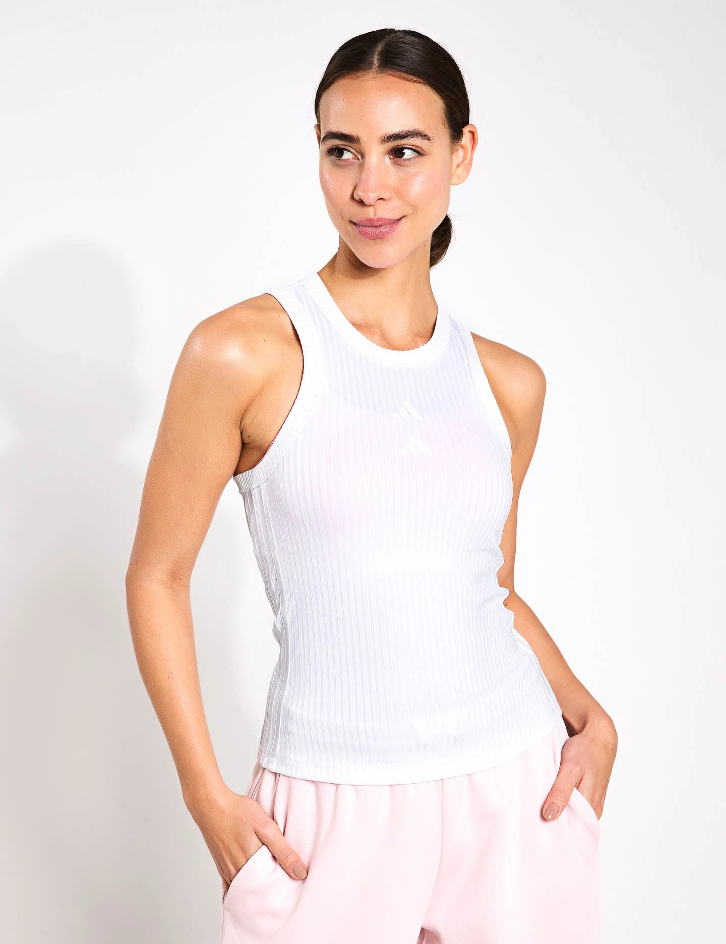 ADIDAS All Gym Seasonal Rib Tight Fit Tonal 3-Stripes Tank Top - White 3 ADIDAS All Gym Seasonal Rib Tight Fit Tonal 3-Stripes Tank Top - White