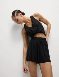 Modal Rich Ribbed Relaxed High Waisted Yoga Shorts - Black