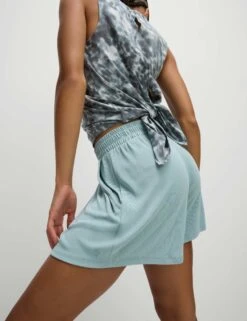 Modal Rich Ribbed Relaxed High Waisted Yoga Shorts - Light Mint -The Sports Edit goodmove modal rich ribbed relaxed hw yoga shorts light mint 6345 2