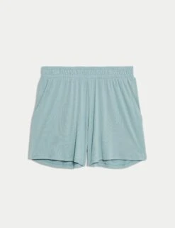 Modal Rich Ribbed Relaxed High Waisted Yoga Shorts - Light Mint -The Sports Edit goodmove modal rich ribbed relaxed hw yoga shorts light mint 6345 3