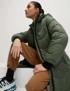 Stormwear Quilted Hooded Longline Puffer Coat - Dark Khaki -The Sports Edit goodmove stormwear quilted hooded longline puffer coat dark khaki 5975 6