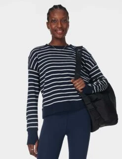 Sweaty Betty After Class Crop Sweatshirt - Navy White Stripe -The Sports Edit sweaty betty after class crop sweatshirt navy white stripe sb5622c 5