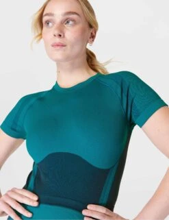 Sweaty Betty Silhouette Sculpt Seamless Short Sleeve Top - Reef Teal Blue/Navy Blue -The Sports Edit sweaty betty silhouette sculpt seamless short sleeve top reef teal blue navy blue sb9063 2