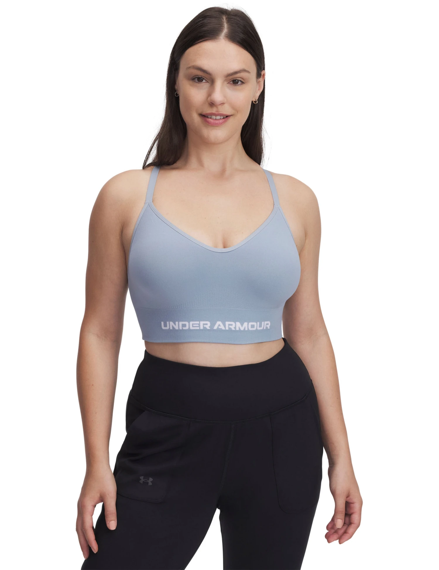 Under Armour Vanish Seamless Low Sports Bra - Harbour Blue/White 3 Under Armour Vanish Seamless Low Sports Bra - Harbour Blue/White